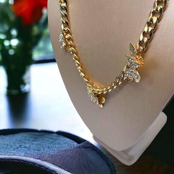 Dimensional Butterfly Gemstone Necklace l Gold Plate l 3” Extension l New - Picture 2 of 10